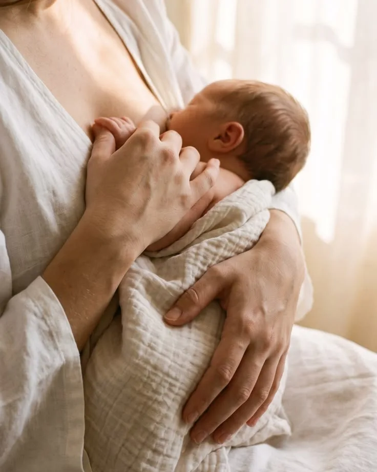 Mãe de roupa clara amamentando o bebê enrolado em uma manta de musselina