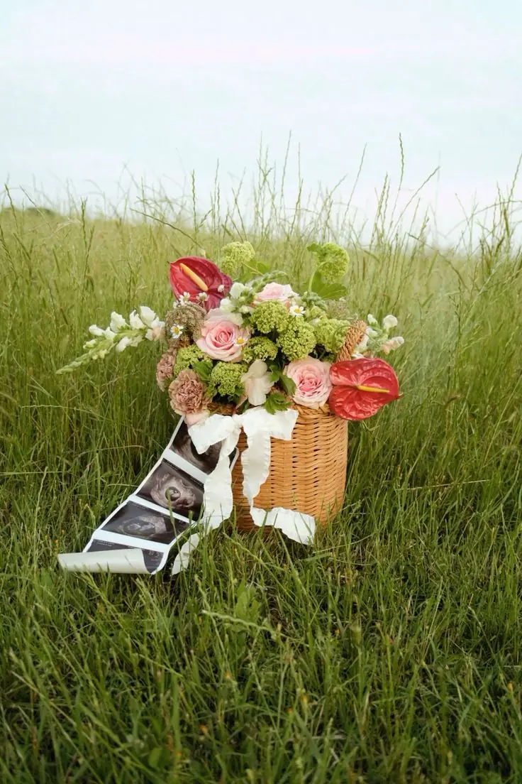 Cesta de vime com flores e uma fita de ultrassonografia sobre um campo de capim